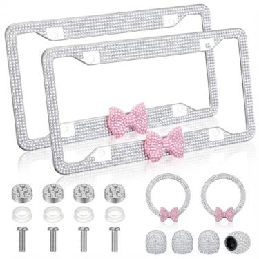 Imagem de AceOrbit 8 peças brancas acessórios de carro com molduras de placa de licença de laço, tampas de haste de válvula de pneu de diamante fofo brilhante e anel decorativo Start Stop para mulheres de Natal