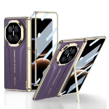 Imagem de HAOMRIYL Capa de couro para Huawei Mate X7, capa frontal transparente com suporte ajustável, dobradiça à prova de choque com tudo incluído, capa galvanizada, roxa, Mate X7