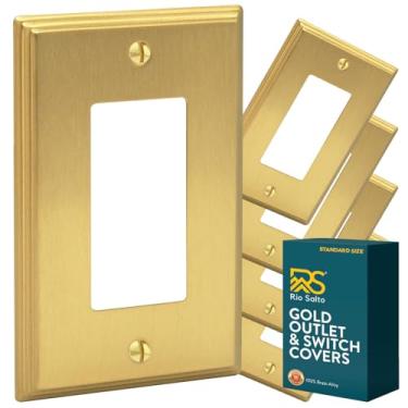 Imagem de Rio Salto BRASS Deco Collection tamanho padrão metal dourado interruptor de luz placa de tomada placa de parede placa de parede receptáculo único moderno capas de balancim 1 gangue latão escovado