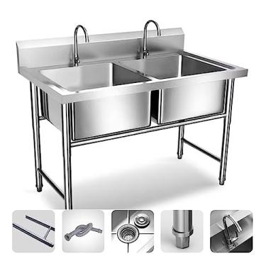 Imagem de Pia de aço inoxidável comercial com 2 compartimentos Pia de aço inoxidável independente pia de cozinha pia industrial com kit de drenagem e torneira (120 x 60 x 80 cm)