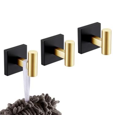 Imagem de KOKOSIRI Ganchos de roupão para montagem na parede, gancho de toalha de banheiro, ganchos de casaco, ferragens de armazenamento de banho, pacote com 3, preto com aço inoxidável dourado B1013GDK-P3