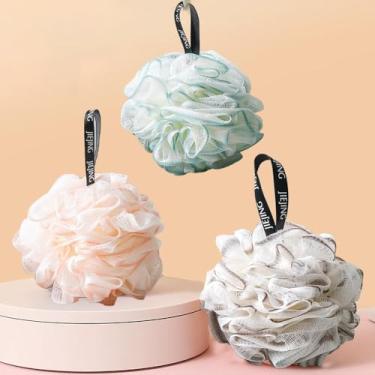 Imagem de Pacote com 3 esponjas de bucha de chuveiro - Esponjas de banho de malha para homens e mulheres, conjunto de esfregão corporal de 3 cores para esfoliação e sabonete líquido, essenciais para banheiro