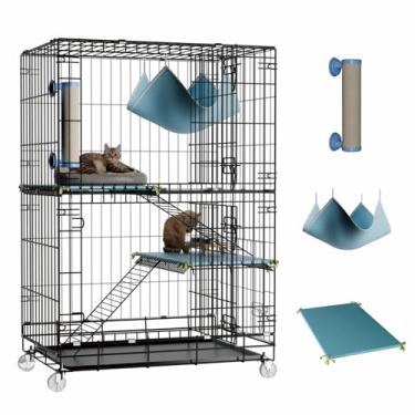 Imagem de STILLCOVE Gaiola interna para gatos de 3 camadas: cercado grande para gatos, cercadinho de metal removível, caixa dobrável com poste arranhador, almofadas de pelúcia e rede para gatos e gatinhos