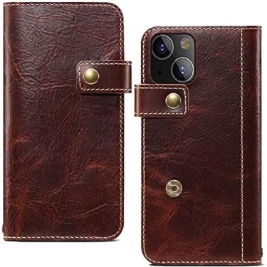 Imagem de CYSUE Capa de couro de vaca de cera de óleo para Apple iPhone 14 Plus 2022, capa de telefone flip fólio de couro com pulseira (cor: marrom)