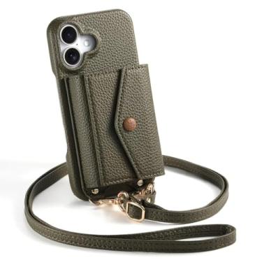 Imagem de Bolsa de ombro para iPhone 17/17 Air/17 Pro/17 Pro Max, com porta-cartões e espelho de maquiagem, capa para celular, carteira de couro elegante (verde, 17 Pro Max)