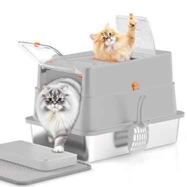 Imagem de APPKER Caixa de areia de aço inoxidável XL fechada para gatos com tampa de entrada superior, caixa de metal de alta face, inclui colher, tapete, escova, pedal, cinza