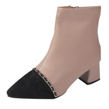 Imagem de Botas femininas modernas de inverno salto grosso salto médio bico fino veludo botas femininas cano curto salto alto, casual e versátil, Caqui, 39
