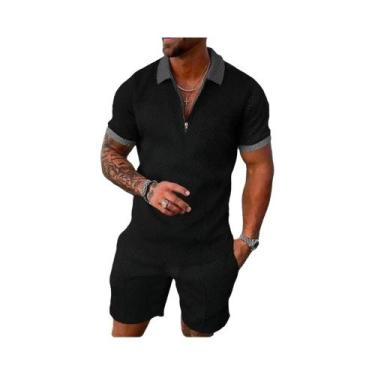 Imagem de Conjunto De Camiseta E Shorts Masculinos Pretos, T-Shirt Esportiva De 