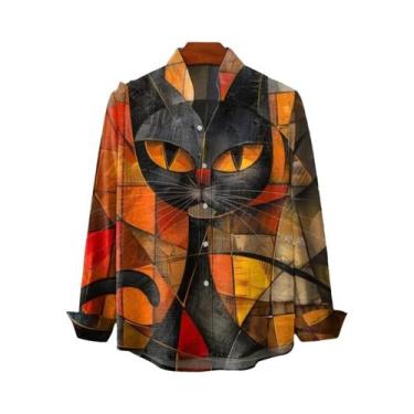 Imagem de Camisa De Linho Masculina Com Estampa Retrô De Gatinho, Manga Longa, P