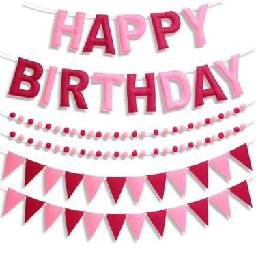 Imagem de Faixa grande de feltro de feliz aniversário de 16 cm - Guirlanda de aniversário de tecido rosa pré-amarrada, placa reutilizável de feliz aniversário para meninas e mulheres decorações de festa (rosa)