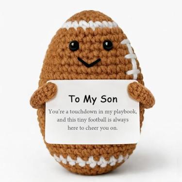 Imagem de ARERG Mini Crochet Football Doll for Son from Mom Dad, Inspirational Positive Gifts for Boys, Cute Stress Relief Plush with Message Card, Handmade Emotional Football Keepsake for Birthday Graduation