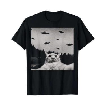 Imagem de Camiseta Feminina Estilo Harajuku Alienígena Gato OVNI Preto Clássica 