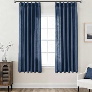 Imagem de Cortinas plissadas de linho azul marinho 153 cm de comprimento, 2 painéis para sala de estar, plissado, cortinas semitransparentes, filtragem de luz, tratamentos de janela com ganchos, leve para