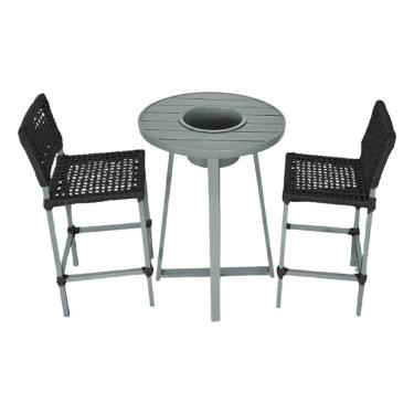 Imagem de Conjunto Bistrô Champanheira Cinza Tampo Ripado E 2 Banquetas França Corda Náutica Preta Preto