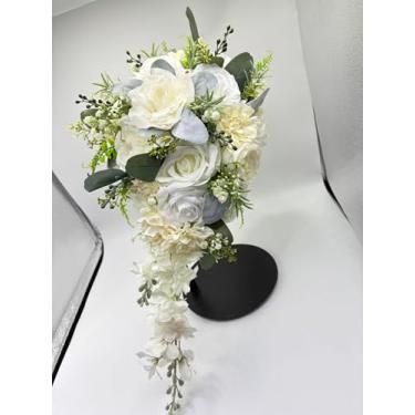 Imagem de SilkRoselw Buquês de casamento em cascata de 25 cm para noiva flores artificiais de seda grande buquê de noiva para casamento, boêmio, rústico, igreja, outono, buquê, decoração de aniversário (branco