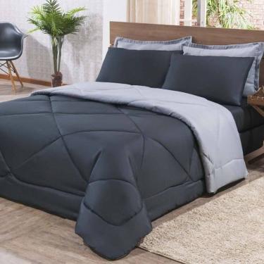 Imagem de Kit Edredom + Jogo De Lençol Aconchego Look House Casal Padrão 6 Peças 80% Algodão , 20% Poliéster- Preto/ Cinza
