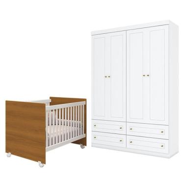 Imagem de Berço Nacional Mel Branco Savana - Reller E Guarda Roupa Infantil Americano 4 Portas Branco Hp - Henn