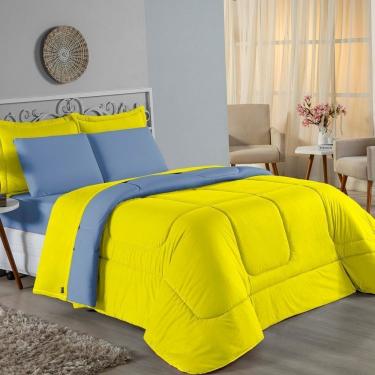 Imagem de Kit Edredom Dupla Face + Jogo De Lençol Queen Nobre 7 Peças Malha 100% Algodão - Amarelo / Azul-bebê