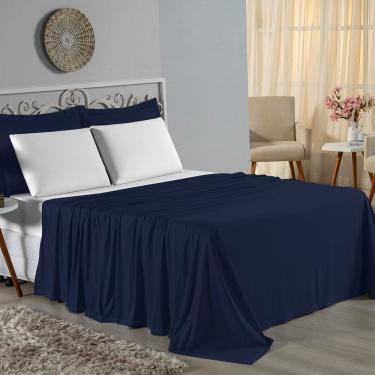 Imagem de Jogo De Cama Casal Viúva Nobre 4 Peças Malha 100% Algodão - Azul-marinho / Branco