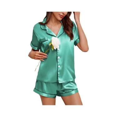 Imagem de Conjunto De Pijama De Verão Feminino Em Cetim Com Camisa De Manga Curt