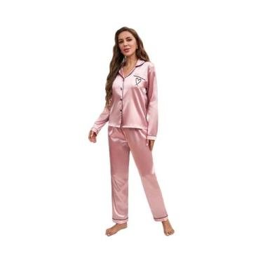 Imagem de Conjunto De Pijama De Seda Para Mulheres Com Camisa De Manga Longa E B