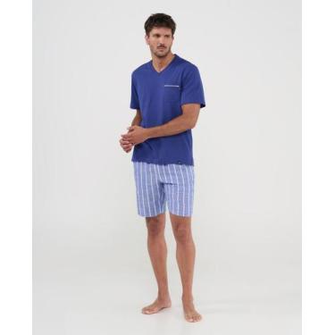 Imagem de Pijama Masculino Curto Listrado com Calça Curta Azul Lohe, Azul, XG