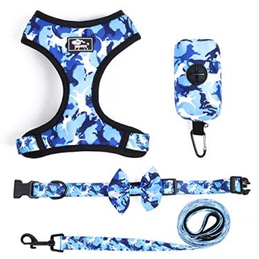 Imagem de SEIS Conjunto de 4 peças de colete para cães refletivos conjunto lesh camuflagem pet gravata borboleta ajustável pequeno arnês para cães com bolsa de cocô dispensador para treinamento de caminhada corrida (azul, P)