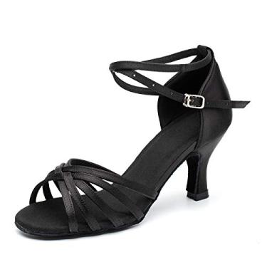Imagem de Sapatos de dança femininos Latin Salsa Bachata Tango Practice Ballroom Dancing Shoes Wedding Performance Sapatos com sola de camurça macia salto de 7 cm, Preto, 34