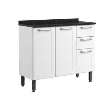 Imagem de Bancada Armário Multiuso Para Cozinha 3 Portas 2 Gavetas Múltipla Branco Com Tampo Preto