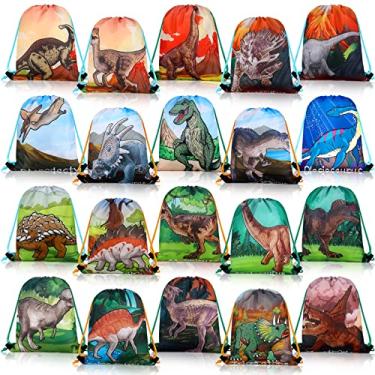 Imagem de 20 peças dinossauro Goodie Bags dinossauro cordão presente bolsa dinossauro suprimentos para festas brindes bolsas mochila dino para presente de aniversário, doces e lanches, escola, viagem, bolsa de armazenamento de brinquedos