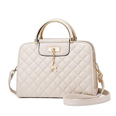 Imagem de Bolsa de mão feminina de couro acolchoado bolsa transversal com alça superior bolsa de ombro feminina com zíper, Branco