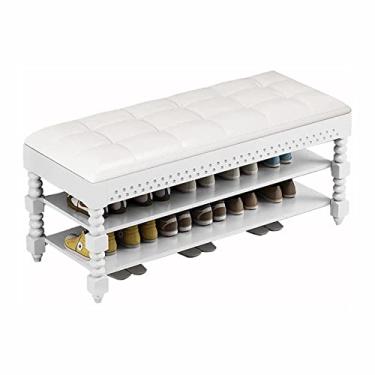 Imagem de Banco de armazenamento de madeira maciça 3 camadas vintage sapateira banco de armazenamento otomano com almofada de assento acolchoada para hall de entrada sala de estar branco /1422 (Color : Onecolo