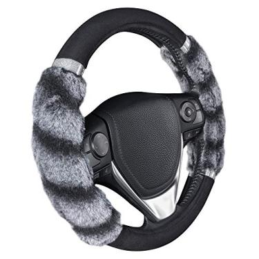 Imagem de BDK Capa de volante de pelúcia de urso – Protetor de lã sintética fofo para mulheres e meninas serve para rodas de 36,8 a 38 cm dois tons preto/cinza - com glitter