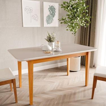 Imagem de Mesa de Jantar 6 Lugares 1,60m Tampo MDF e Vidro Pés Madeira Maciça Tangará CabeCasa MadeiraMadeira Caramarromo/Off White