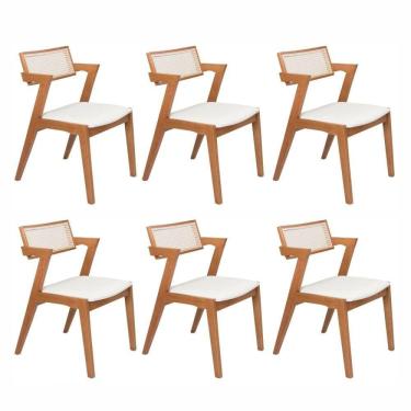 Imagem de Conjunto com 6 Cadeiras Madeira Maciça com Rattan Natural e Estofada 81,5x53x57cm Verona Champagne