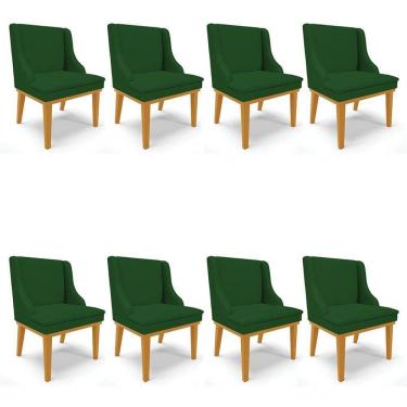 Imagem de Kit 8 Cadeiras Estofadas Para Sala De Jantar Base Fixa De Madeira Castanho Lia Veludo Verde