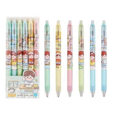 Imagem de 6 peças/caixa - caneta neutra apagável fofa de 0,5 mm com um botão de toque, cabeça de bala, caneta neutra apagável sensível térmica - adolescentes brilhantes - 0,5 mm (azul)