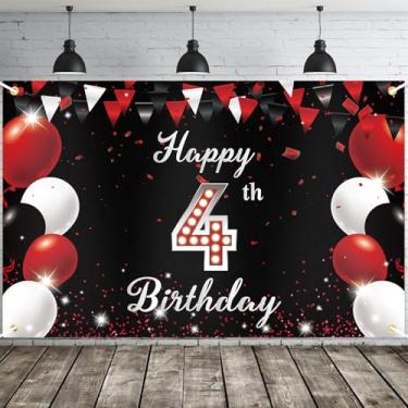 Imagem de JOYKY Banner de feliz aniversário de 4 anos, decoração de festa de feliz aniversário vermelho preto para meninos e meninas, decoração de pano de fundo de suprimentos de aniversário de 4 anos, 15 x 9