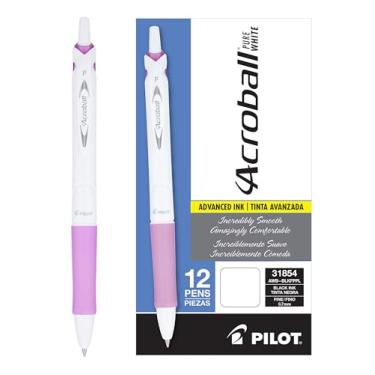 Imagem de PILOT Canetas esferográficas recarregáveis e retráteis PureWhite da Acroball PureWhite com detalhes roxos, ponta fina, tinta roxa, pacote com 12 (31854)