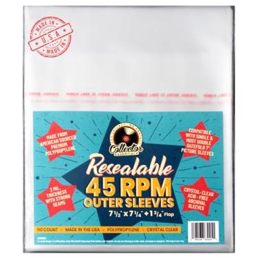 Imagem de Capas externas resseláveis de 45 RPM para discos de vinil – Feito nos EUA, polipropileno transparente de 2 mil – pacote com 50, sem ácido e arquivo