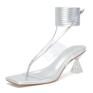 Imagem de Sandálias femininas de salto quadrado aberto com cadarço e salto com tiras, sandálias sexy de amarrar e salto grosso para festa de casamento, Prata, 36