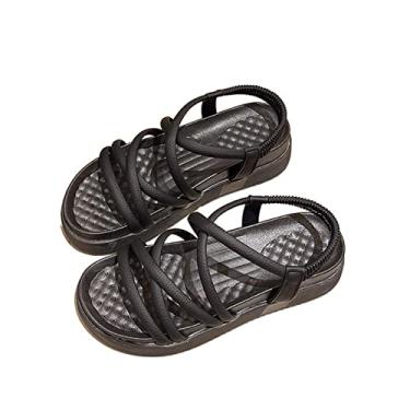 Imagem de Sapatos baixos femininos sandálias para mulheres moda verão couro PU causal sapatos femininos chinelos(Black,38EU)
