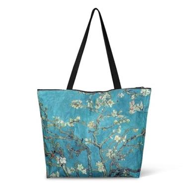 Imagem de Jolamirel Sacola de trabalho grande à prova d'água para amantes da arte, bolsa feminina de arte Van Gogh, bolsas de viagem, Flor de amendoeira, One Size