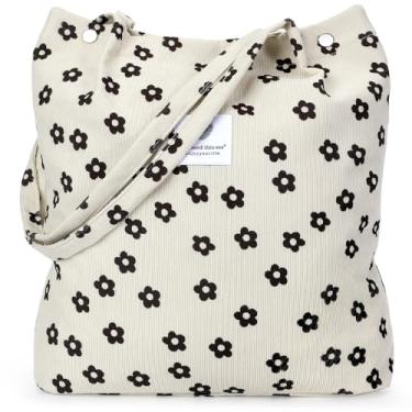 Imagem de LHMTQVK Bolsa de ombro feminina de veludo cotelê reutilizável de grande capacidade com bolsos internos, Flor preta pequena, Large, Flor preta pequena