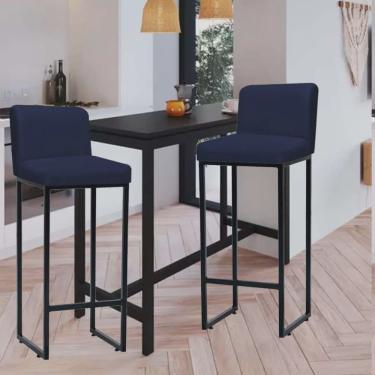 Imagem de Kit 02 Banqueta Alta Com Encosto Lucca -60cm chão até o assento Industrial Ferro Preto Sintético Azul Marinho - Ahz Móveis