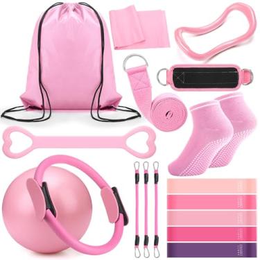 Imagem de RoundFunny Conjunto de anéis de pilates, 18 peças, acessórios de equipamentos de exercício para mulheres, exercícios, bola de pilates, alça de alongamento, círculo mágico, anel de ioga, academia