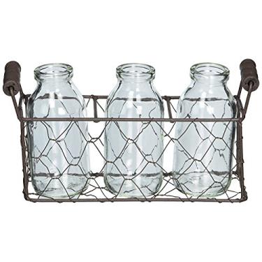 Imagem de Cesta de metal decorativa retangular de arame de galinha com três garrafas de vidro