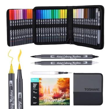 Imagem de Conjunto de canetas aquarela, marcadores de tinta de ponta dupla de 36 cores, marcadores para colorir à base de água com 1 Aquapen, 1 liquidificador incolor, 1 marcador preto e bloco de 12 páginas