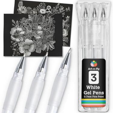 Imagem de Art-n-Fly Canetas de gel brancas para papel preto | Caneta de tinta branca para artistas, ponta fina de 0,7 mm, pacote com 3 canetas marca-texto para desenhar e esboçar, pacote com 3 | Canetas gel
