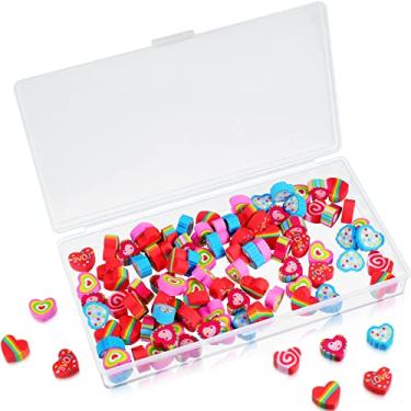 Imagem de Pacote com 100 mini borrachas para lápis, borrachas sortidas, novidades, borrachas marinhas, mini borrachas com caixa de armazenamento para lembrancinhas de festa, enchimento de presente, recompensa escolar em casa (estilo de coração)